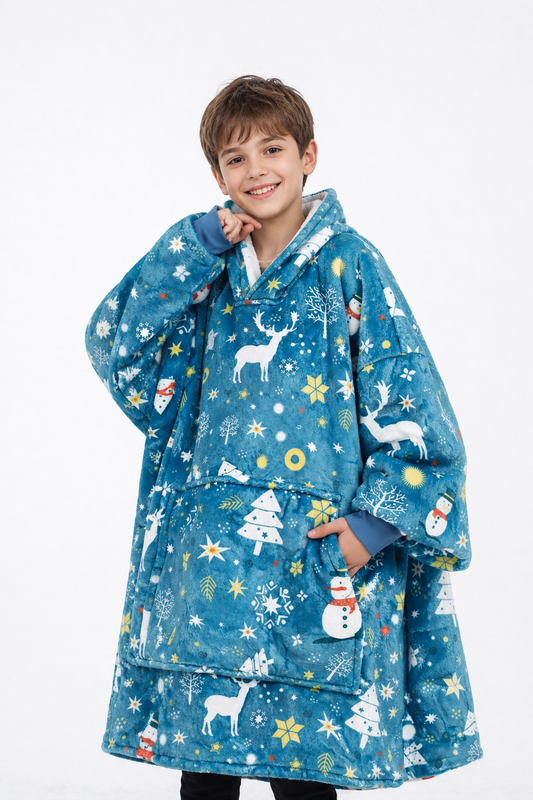 Kids Sherpa Hoodie Blue Christmas Print – Oversized Wearable Blanket