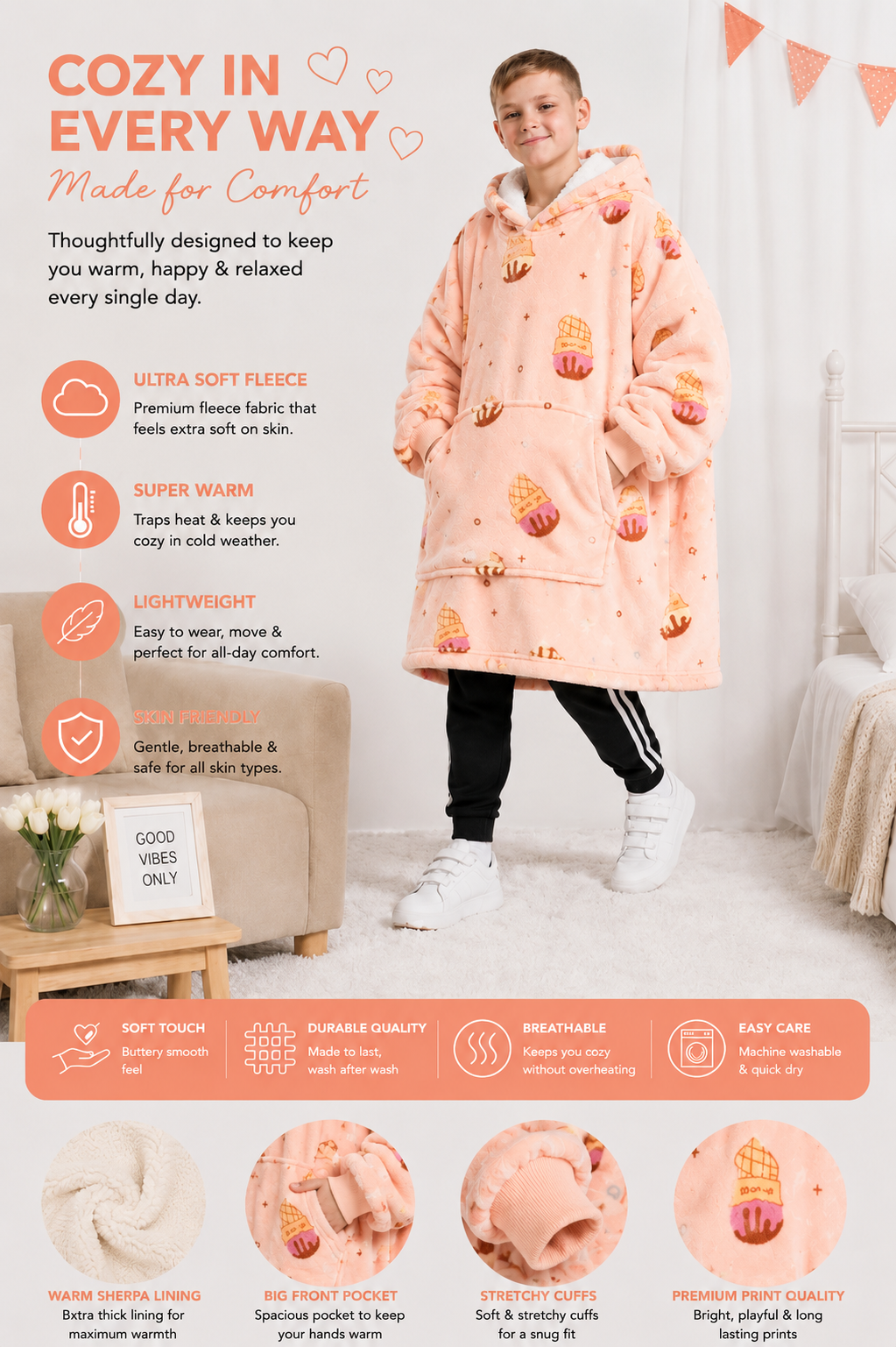 Kids Sherpa Hoodie Peach Ice Cream Print – Oversized Wearable Blanket