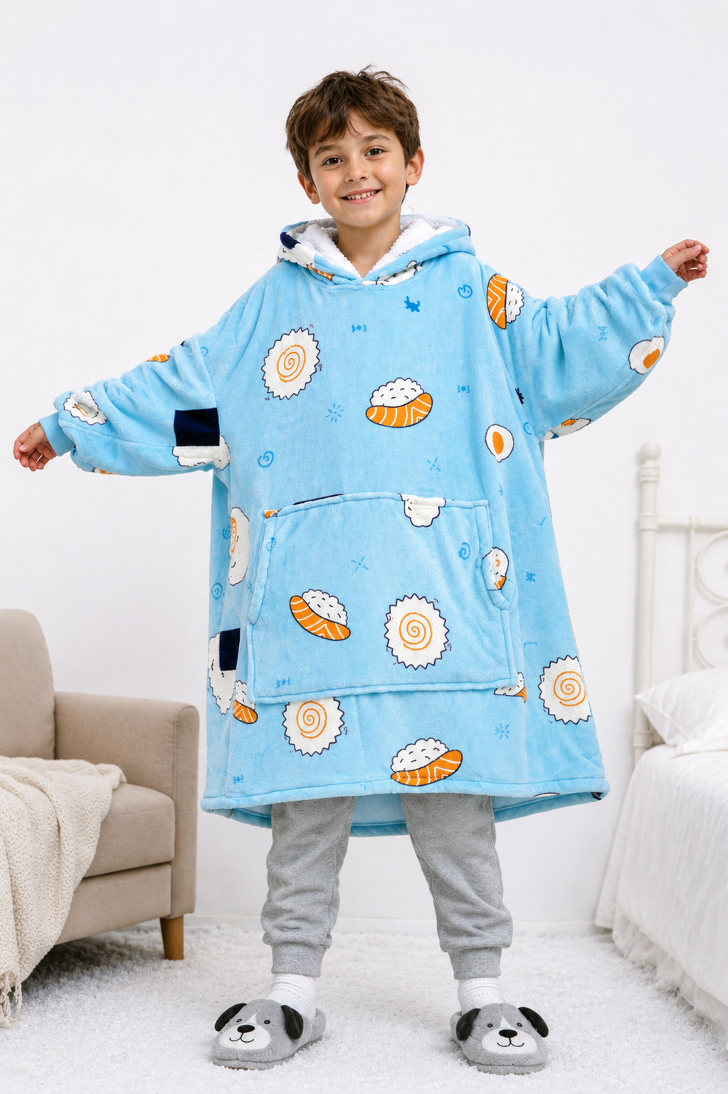Kids Sherpa Hoodie Blue Sushi Print – Oversized Wearable Blanket