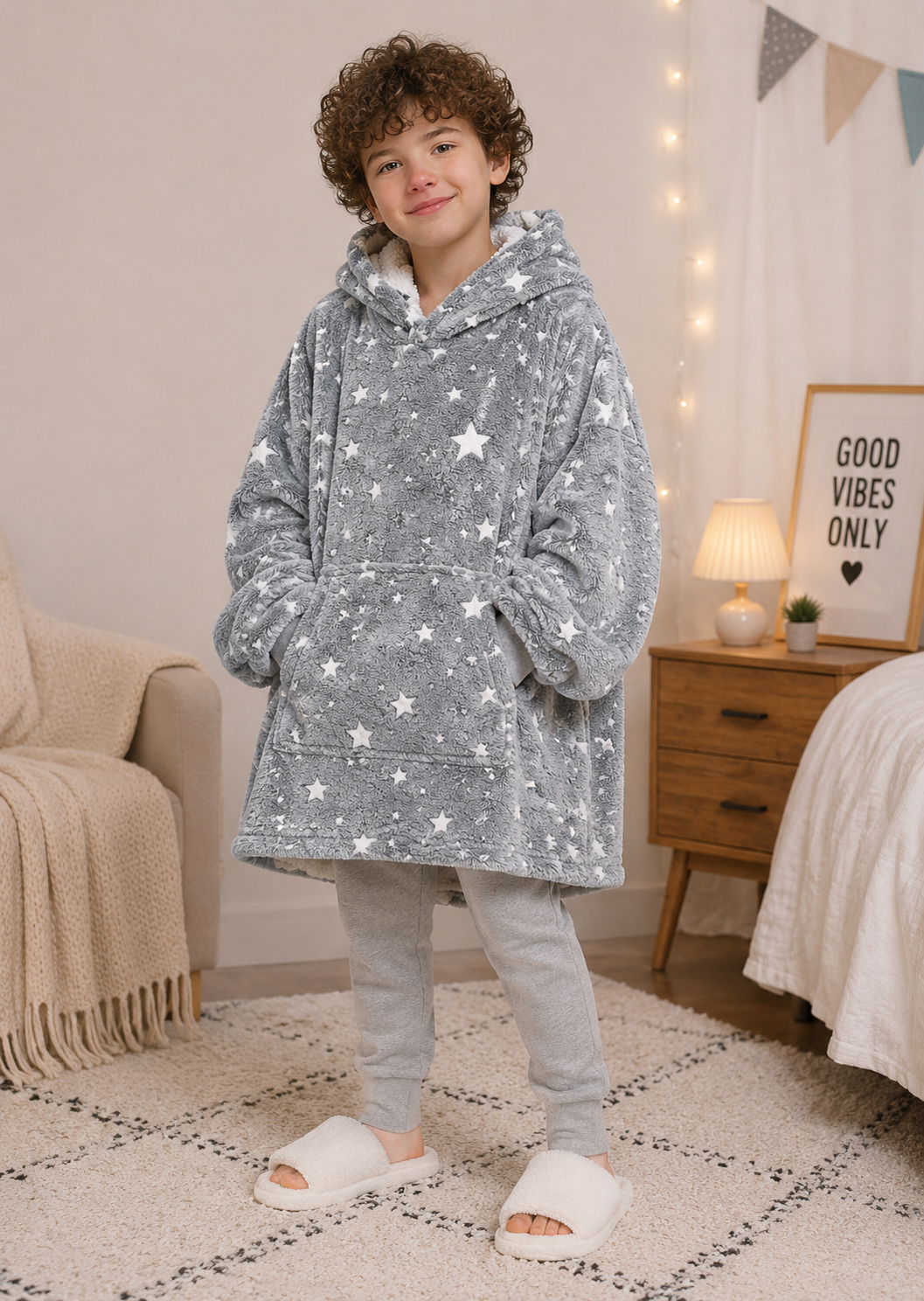 Kids Sherpa Hoodie Grey Star Print – Oversized Wearable Blanket