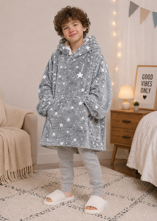 Kids Sherpa Hoodie Grey Star Print – Oversized Wearable Blanket