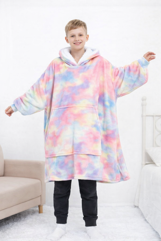 Kids Sherpa Hoodie Pastel Tie Dye – Oversized Wearable Blanket