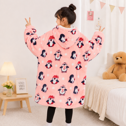 Kids Sherpa Hoodie Pink Penguin Print – Oversized Wearable Blanket