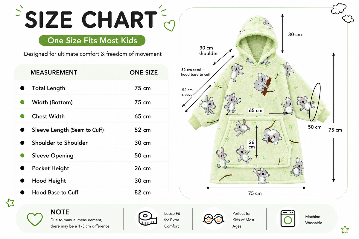 Kids Sherpa Hoodie Green Koala Print – Oversized Wearable Blanket