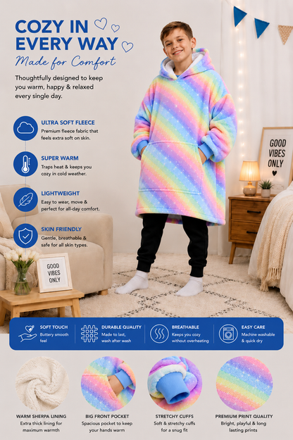 Kids Sherpa Hoodie Rainbow Stripe Print – Oversized Wearable Blanket