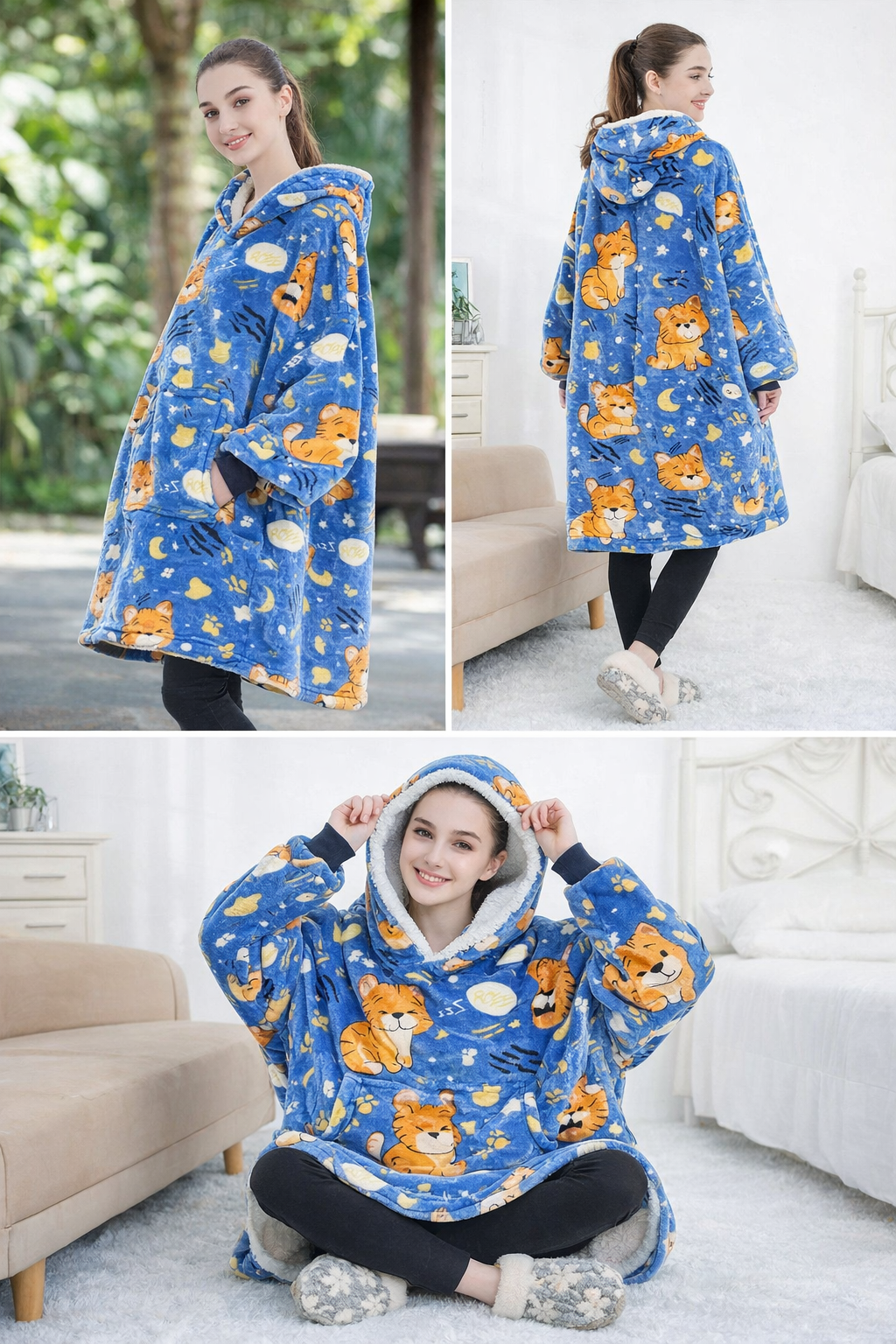 Kids Sherpa Hoodie Blue Tiger Print – Oversized Wearable Blanket