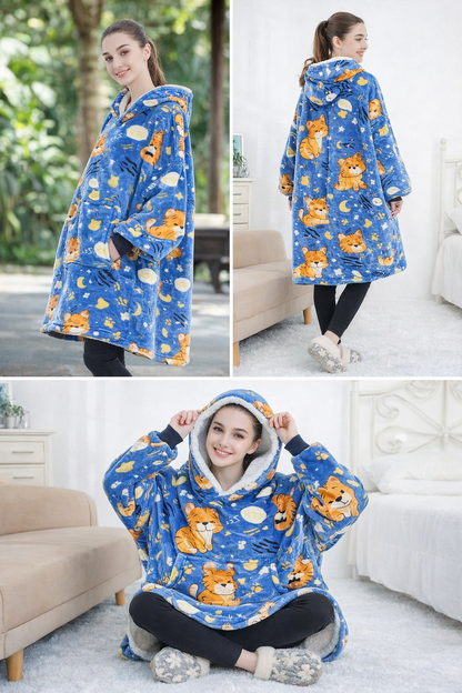 Kids Sherpa Hoodie Blue Tiger Print – Oversized Wearable Blanket