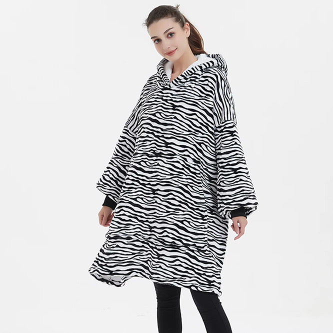 Kids Sherpa Hoodie Black White Zebra Print – Oversized Wearable Blanket