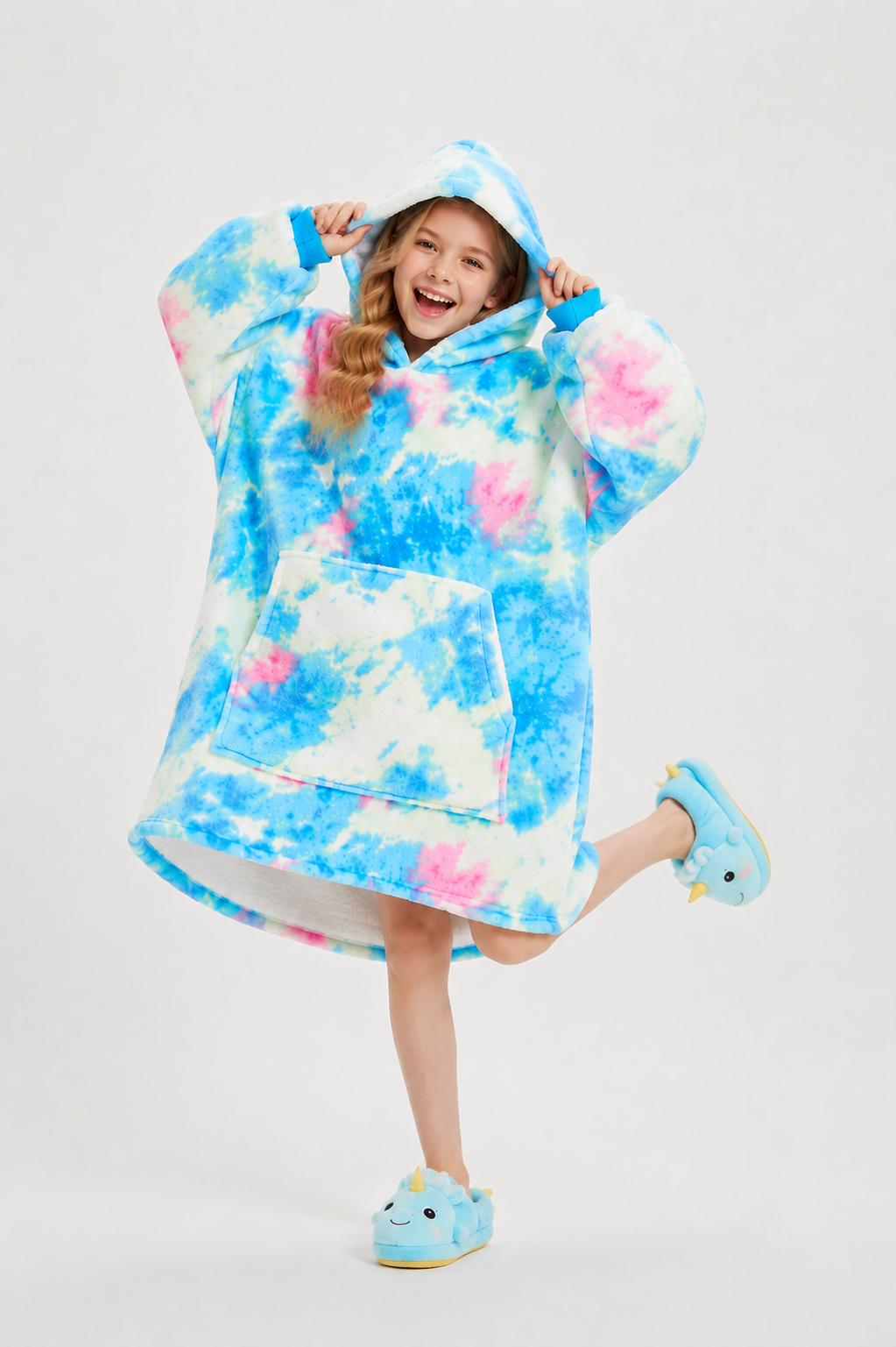 Kids Sherpa Hoodie Blue Pink Tie Dye – Oversized Wearable Blanket