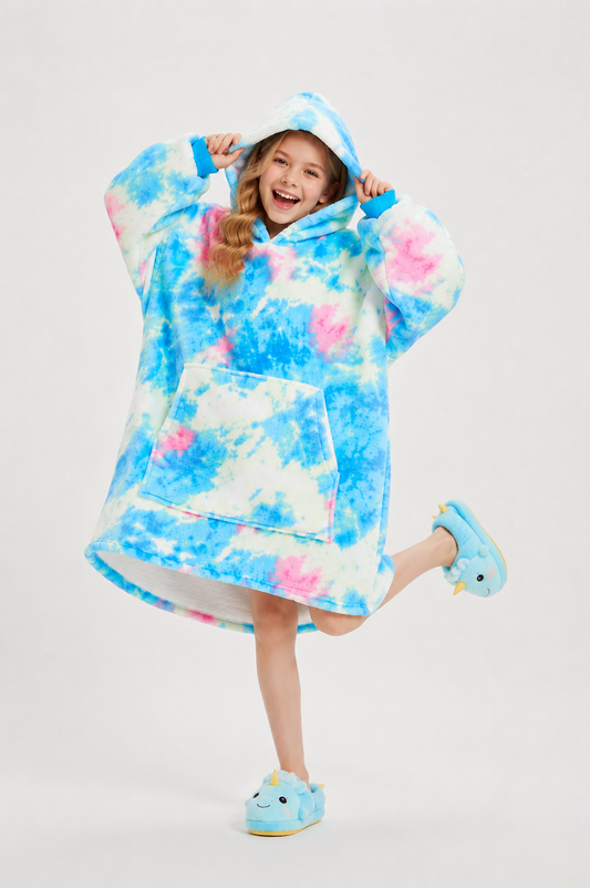 Kids Sherpa Hoodie Blue Pink Tie Dye – Oversized Wearable Blanket
