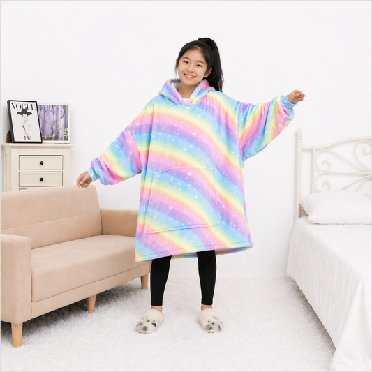 Kids Sherpa Hoodie Rainbow Stripe Print – Oversized Wearable Blanket