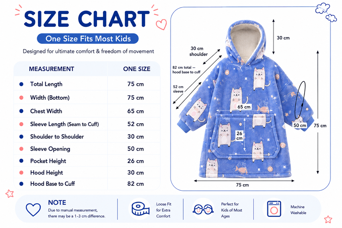 Kids Sherpa Hoodie Blue Cat Print – Oversized Wearable Blanket