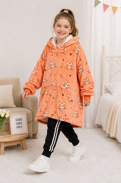 Kids Sherpa Hoodie Orange Dog Print – Oversized Wearable Blanket