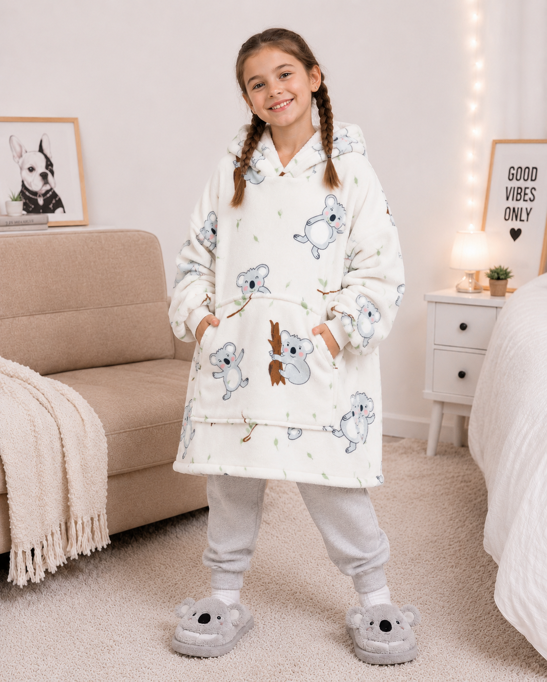 Kids Sherpa Hoodie White Koala Print – Oversized Wearable Blanket