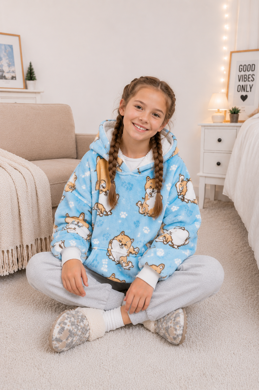 Kids Sherpa Hoodie Blue Dog Print – Oversized Wearable Blanket