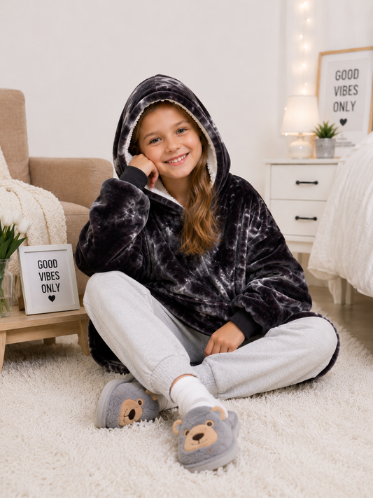 Kids Sherpa Hoodie Black Tie Dye – Oversized Wearable Blanket