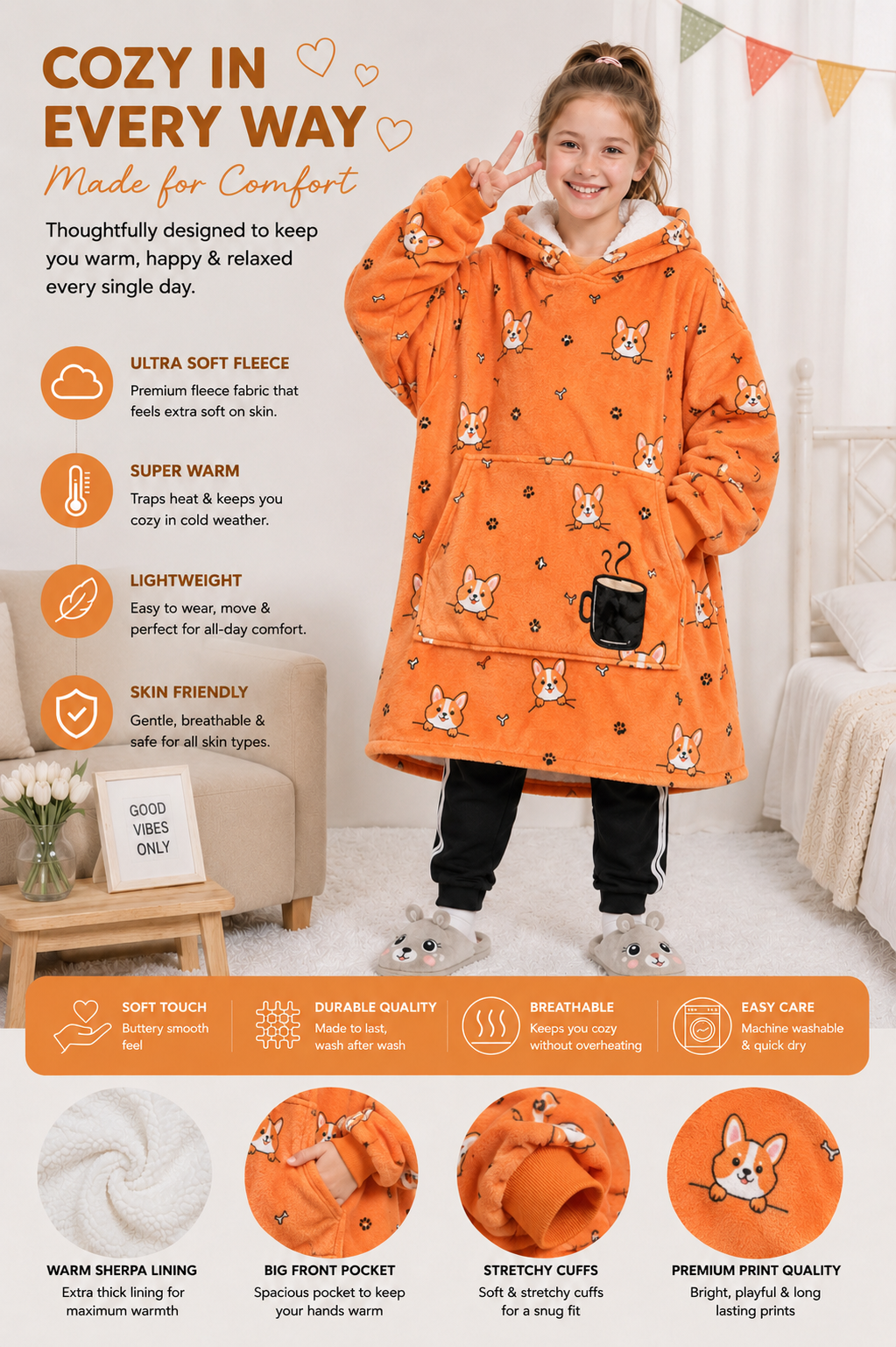 Kids Sherpa Hoodie Orange Dog Print – Oversized Wearable Blanket
