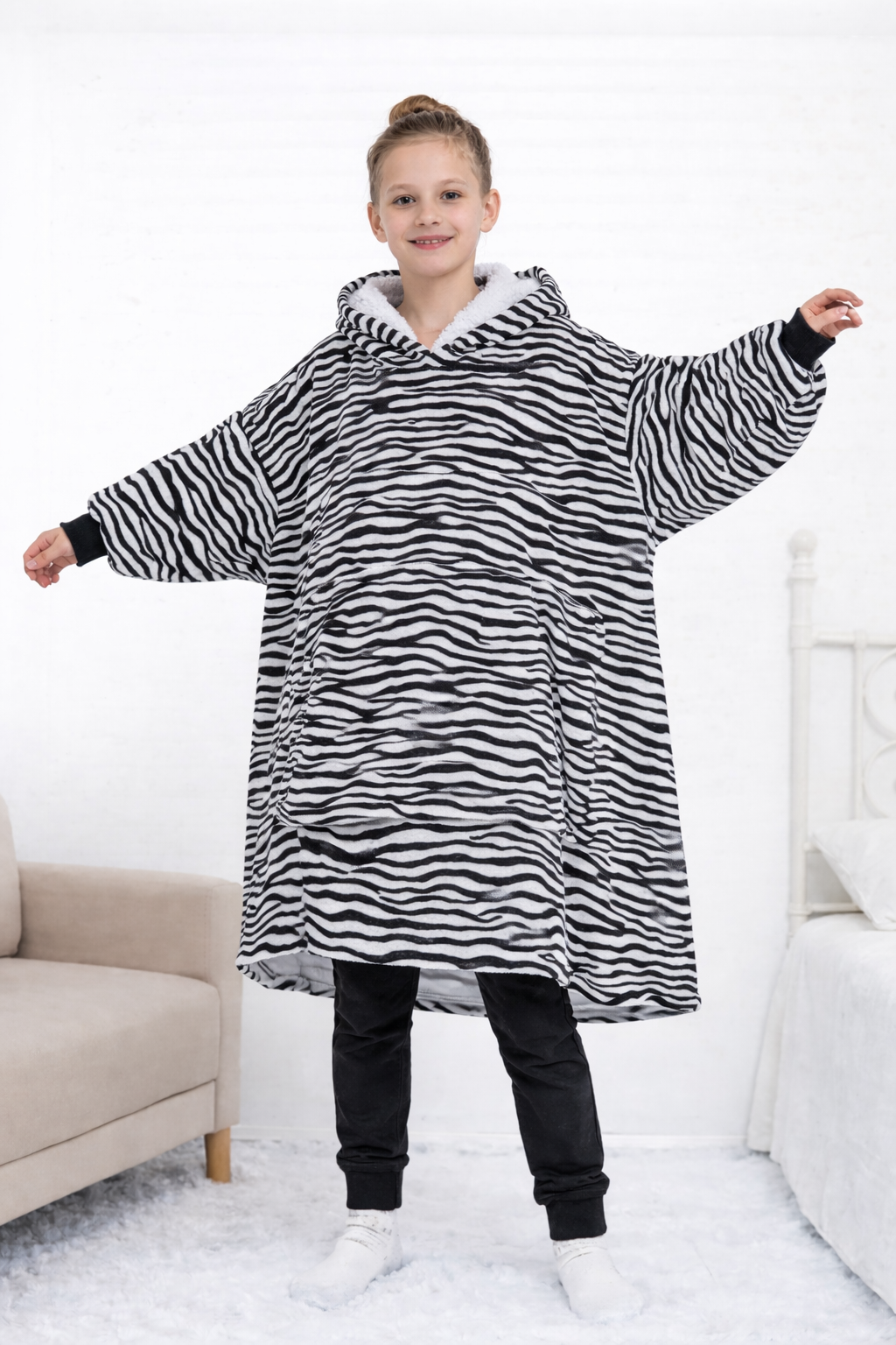 Kids Sherpa Hoodie Black White Zebra Print – Oversized Wearable Blanket