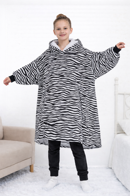 Kids Sherpa Hoodie Black White Zebra Print – Oversized Wearable Blanket