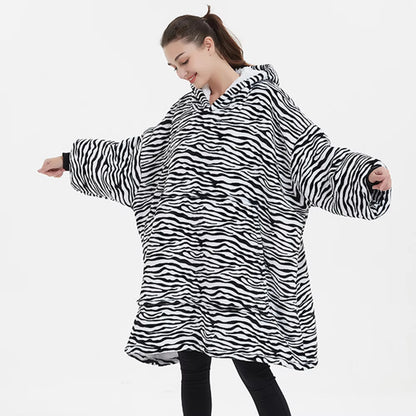Kids Sherpa Hoodie Black White Zebra Print – Oversized Wearable Blanket