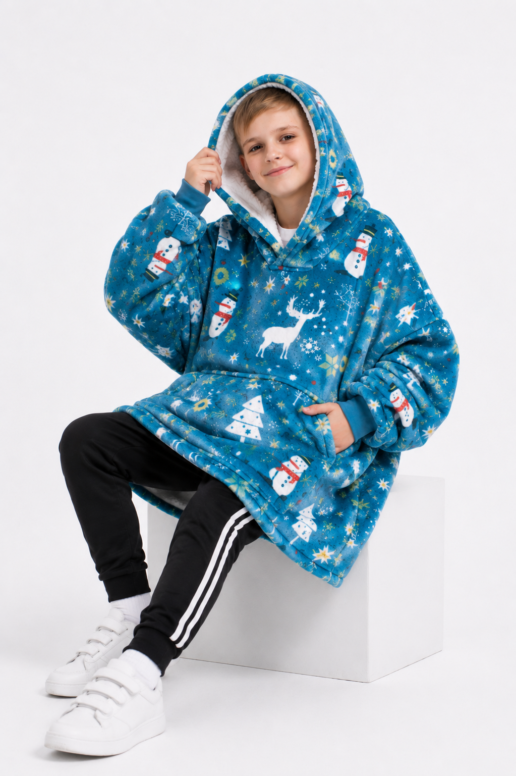 Kids Sherpa Hoodie Blue Christmas Print – Oversized Wearable Blanket