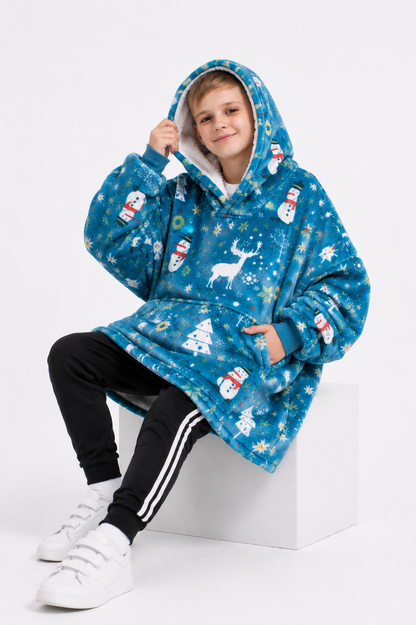 Kids Sherpa Hoodie Blue Christmas Print – Oversized Wearable Blanket