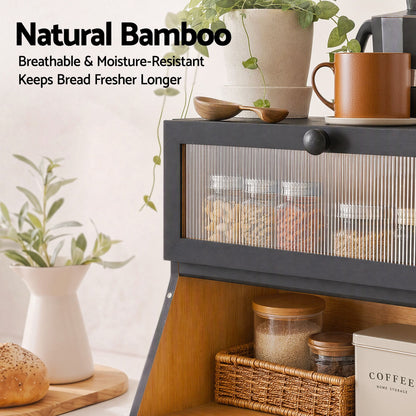 Artiss Bamboo Bread Box 2-Tier Kitchen Countertop Storage 40cm Black