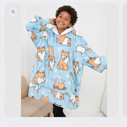 Kids Sherpa Hoodie Blue Dog Print – Oversized Wearable Blanket