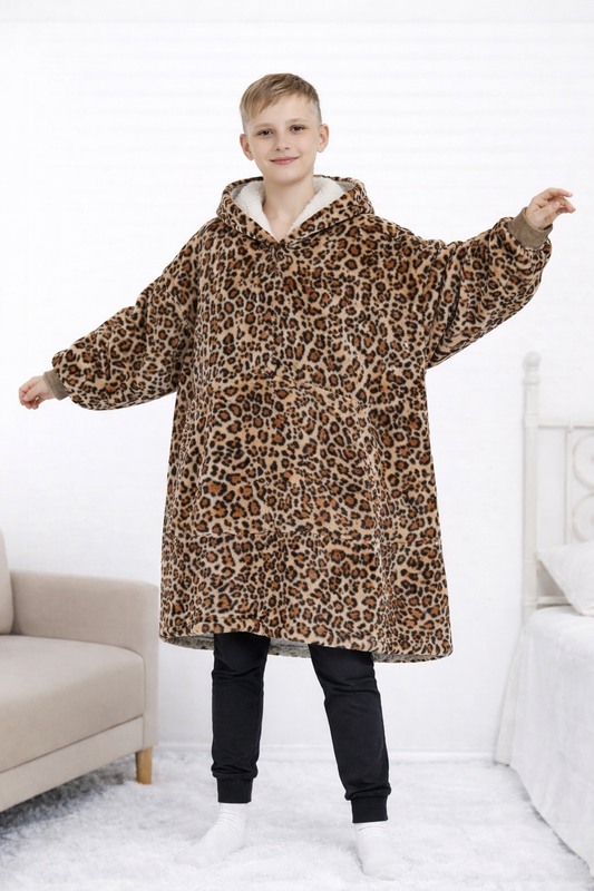 Kids Sherpa Hoodie Leopard Print – Oversized Wearable Blanket