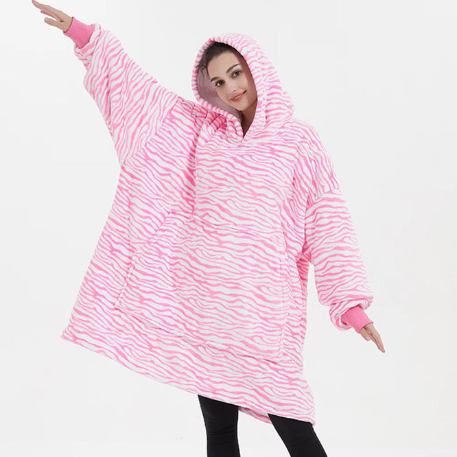 Kids Sherpa Hoodie Pink Zebra Print – Oversized Wearable Blanket