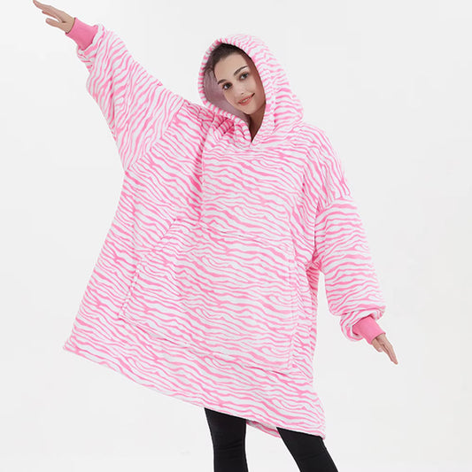 Kids Sherpa Hoodie Pink Zebra Print – Oversized Wearable Blanket