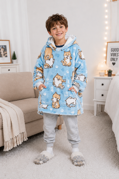 Kids Sherpa Hoodie Blue Dog Print – Oversized Wearable Blanket