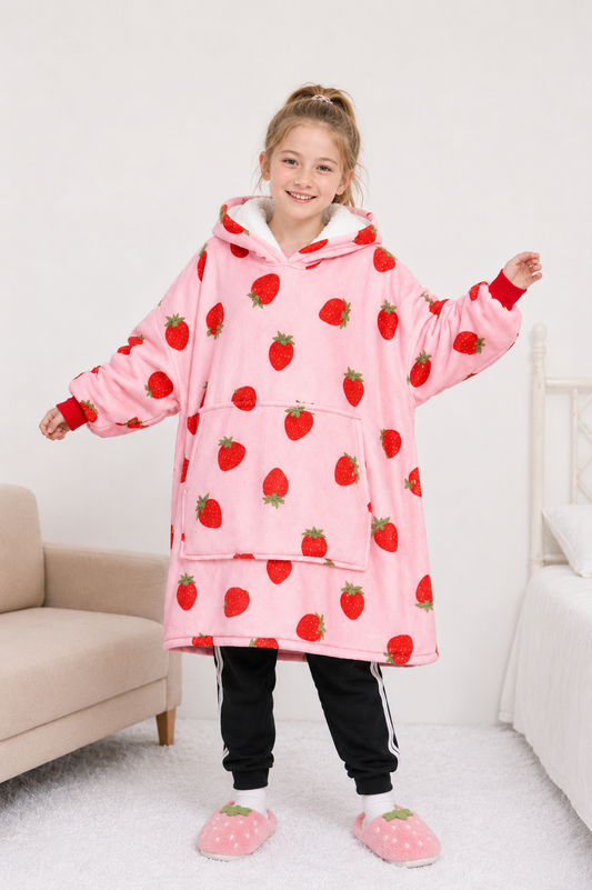 Kids Sherpa Hoodie Pink Strawberry Print – Oversized Wearable Blanket