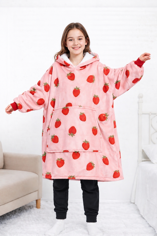 Kids Sherpa Hoodie Pink Penguin Print – Oversized Wearable Blanket