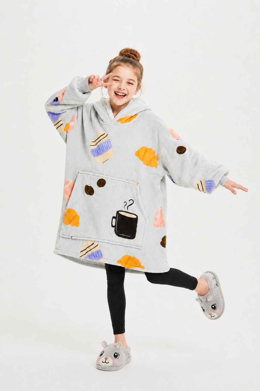 Kids Sherpa Hoodie Grey Coffee Print – Oversized Wearable Blanket