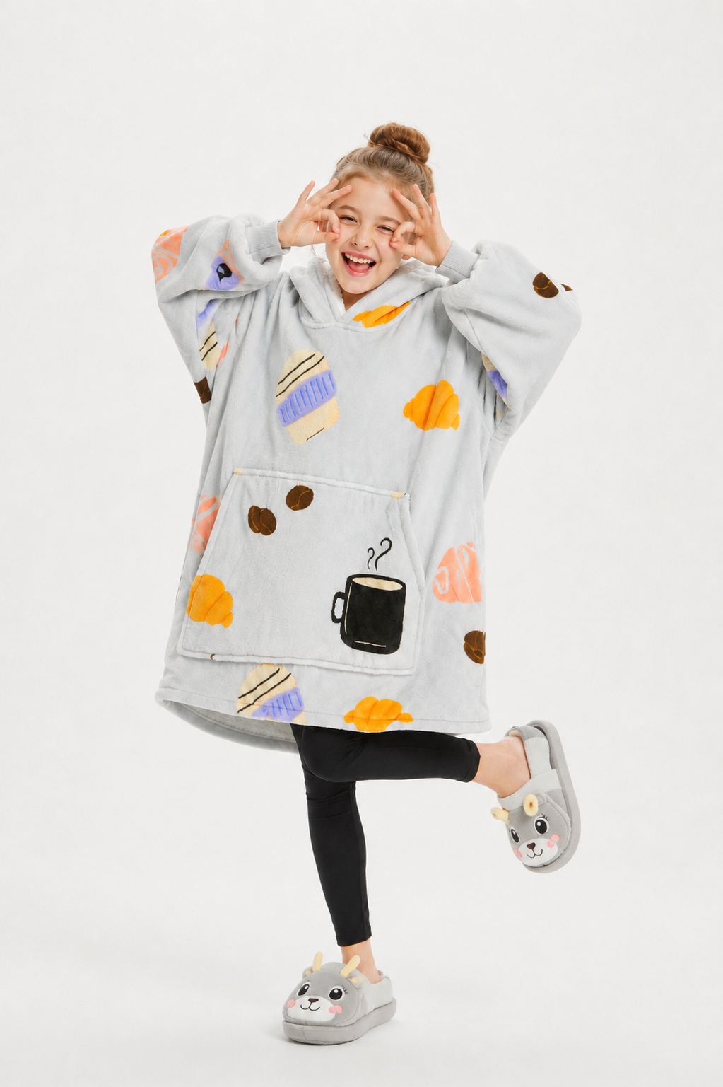 Kids Sherpa Hoodie Grey Coffee Print – Oversized Wearable Blanket