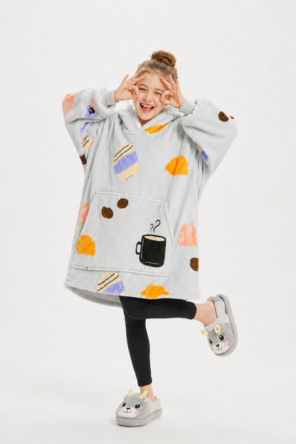 Kids Sherpa Hoodie Grey Coffee Print – Oversized Wearable Blanket