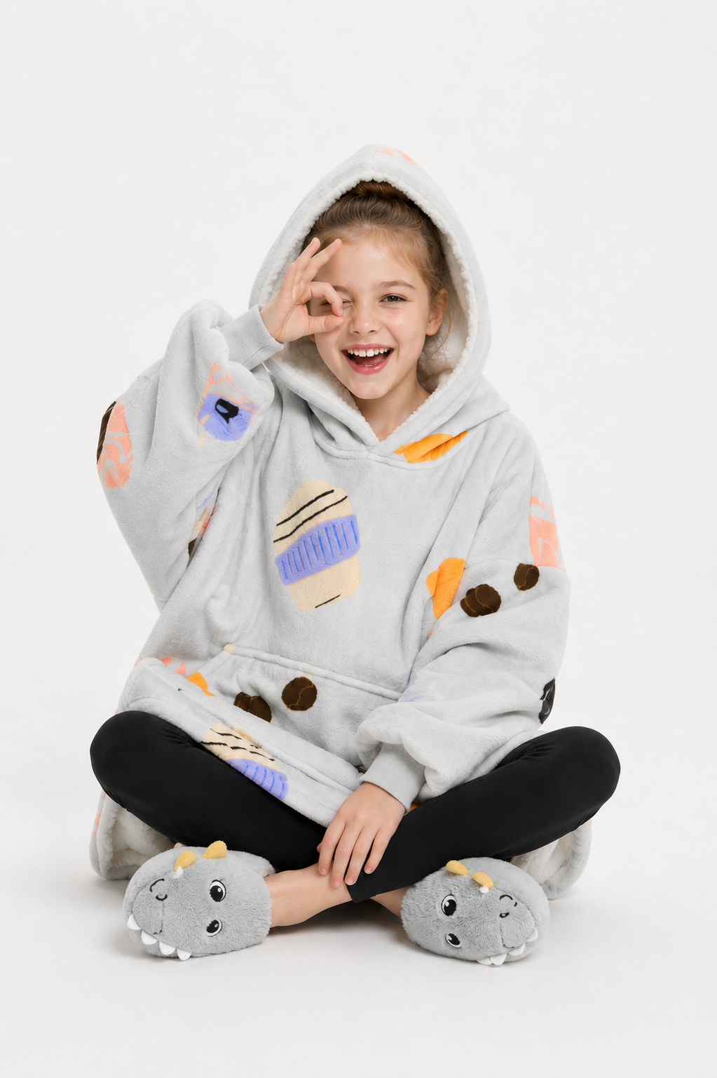Kids Sherpa Hoodie Grey Coffee Print – Oversized Wearable Blanket