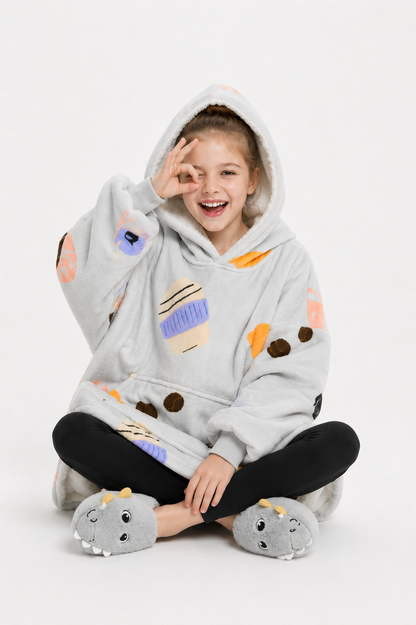 Kids Sherpa Hoodie Grey Coffee Print – Oversized Wearable Blanket