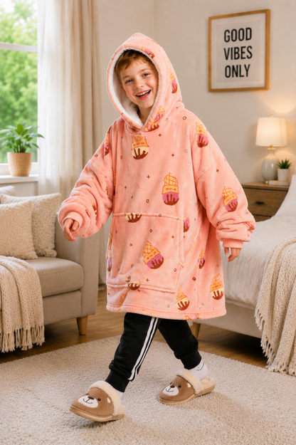 Kids Sherpa Hoodie Peach Ice Cream Print – Oversized Wearable Blanket