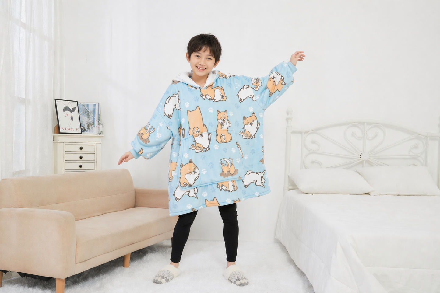 Kids Sherpa Hoodie Blue Dog Print – Oversized Wearable Blanket