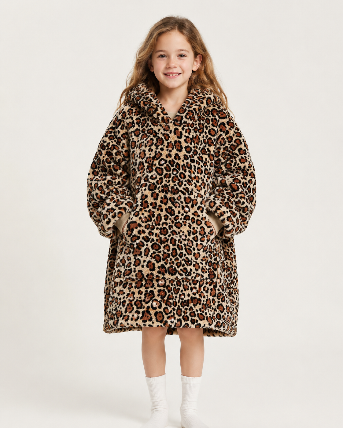 Kids Sherpa Hoodie Leopard Print – Oversized Wearable Blanket