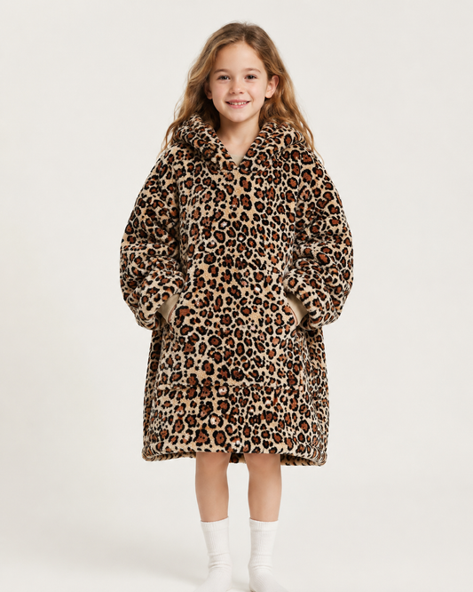 Kids Sherpa Hoodie Leopard Print – Oversized Wearable Blanket