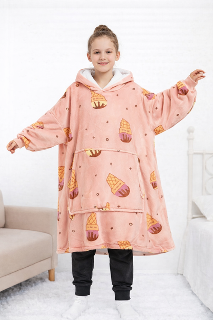 Kids Sherpa Hoodie Peach Ice Cream Print – Oversized Wearable Blanket