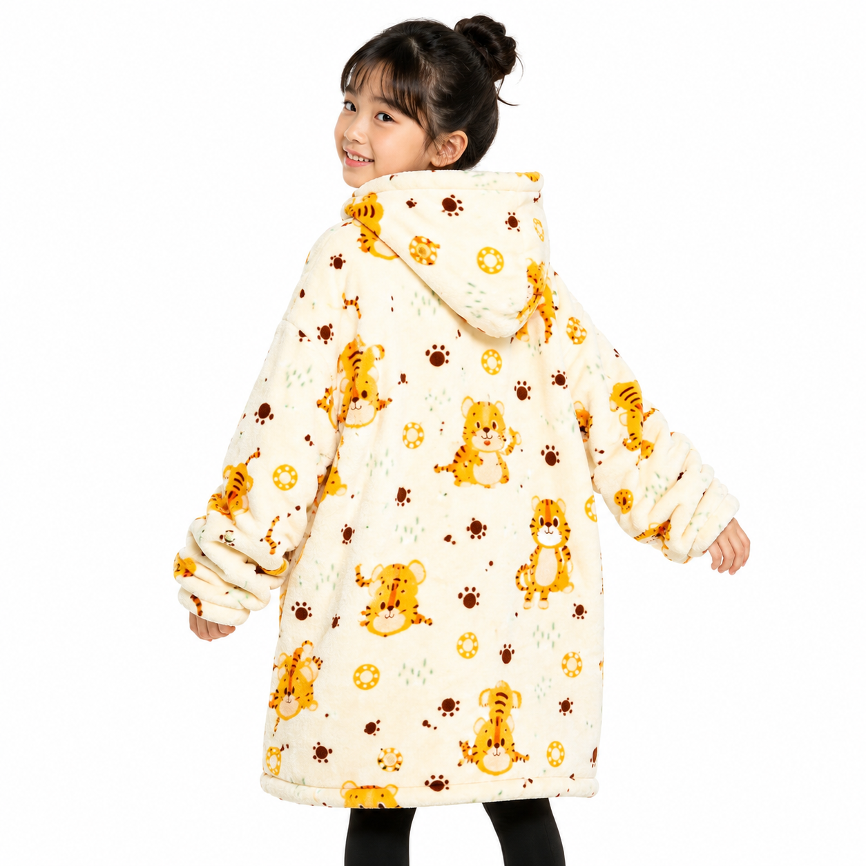 Kids Tiger Print Sherpa Hoodie Blanket – Oversized Wearable Blanket