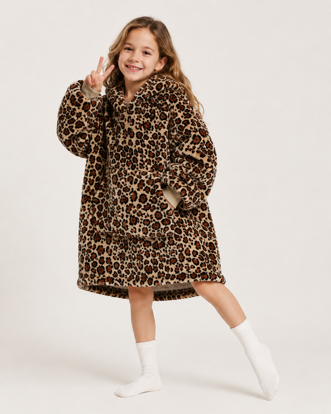 Kids Sherpa Hoodie Leopard Print – Oversized Wearable Blanket