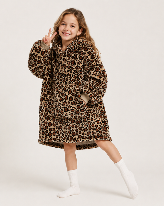 Kids Sherpa Hoodie Leopard Print – Oversized Wearable Blanket