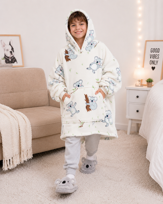 Kids Sherpa Hoodie White Koala Print – Oversized Wearable Blanket