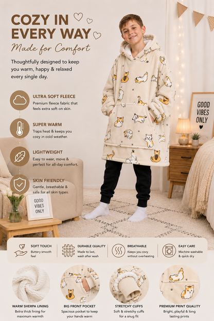 Kids Sherpa Hoodie Beige Cat Print – Oversized Wearable Blanket