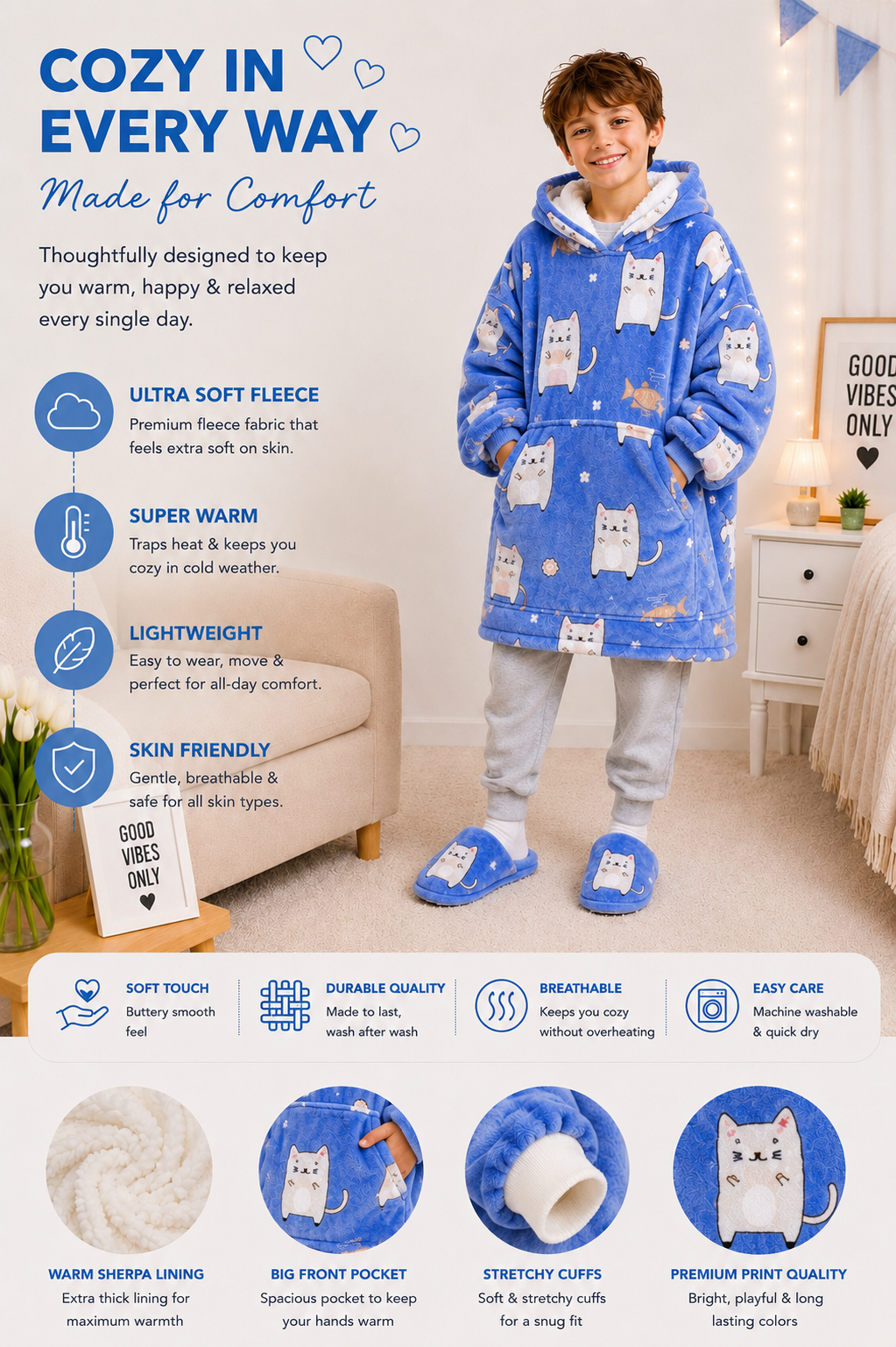 Kids Sherpa Hoodie Blue Cat Print – Oversized Wearable Blanket